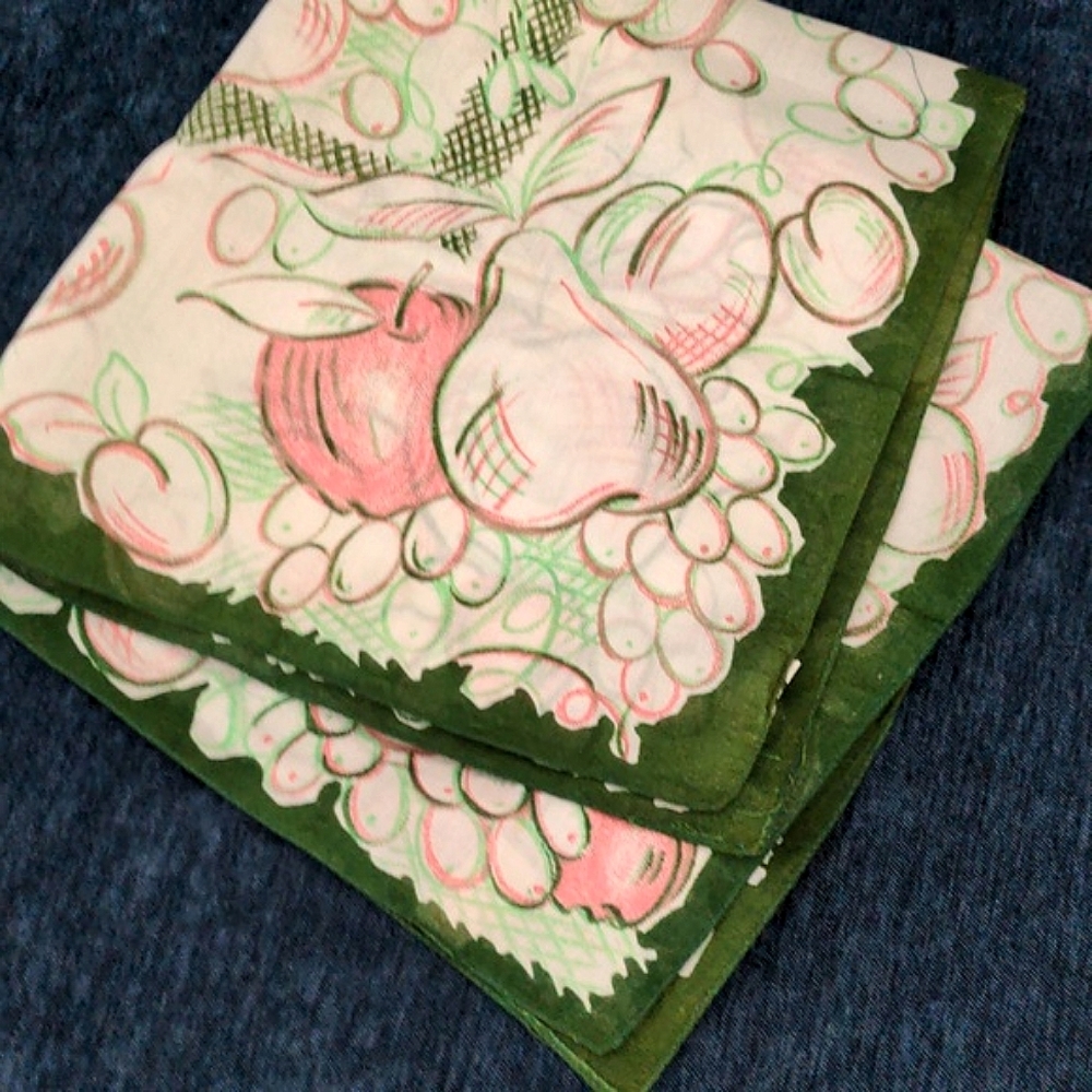 Vtg ITALIAN Scarf Fruit Flower Print Cotton Green Red Pink 22" made in Italy
